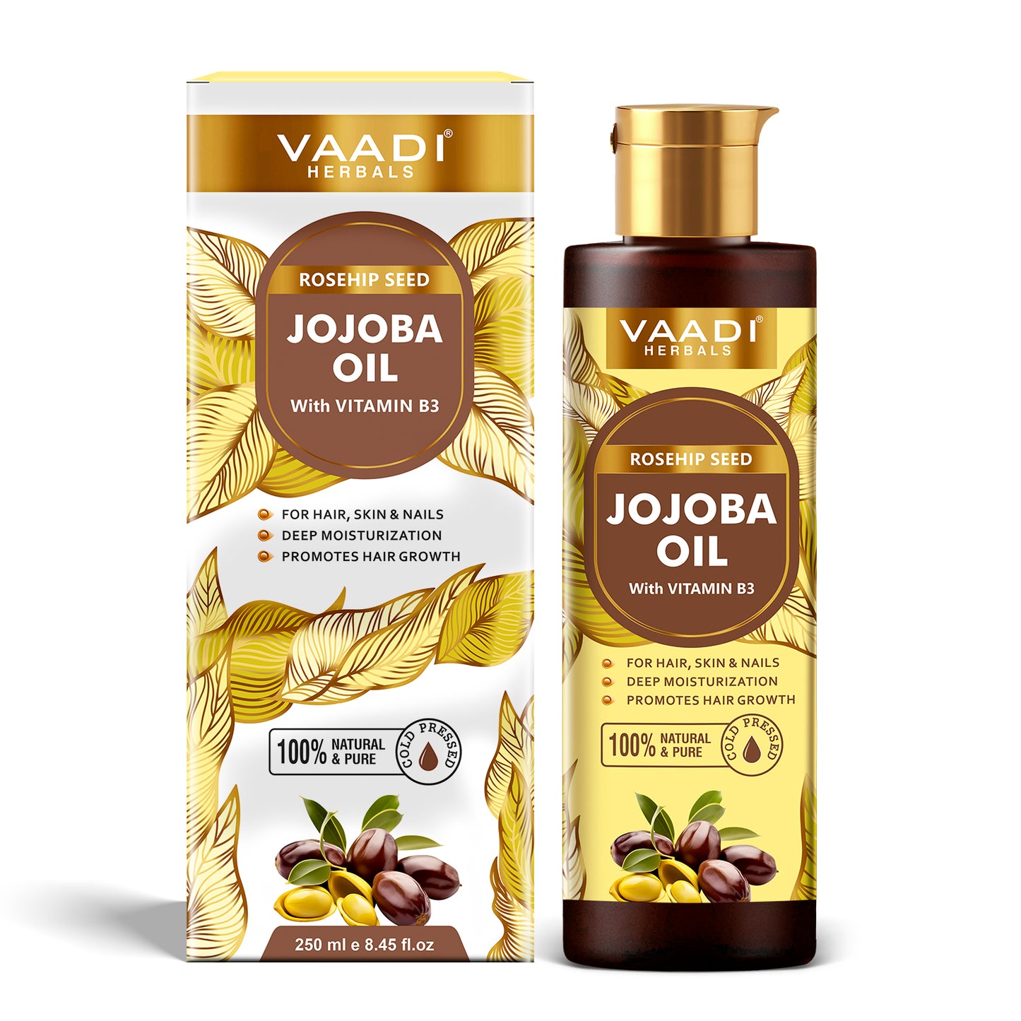 Cold Pressed Rosehip Seed Jojoba Oil with Vitamin B3-For Hair, Skin & Nails-Jojoba Oil Promotes Hair Growth-Skin Moisturisation-Anti Hair-Fall-For All Types of Skin & Hair - 250 mll