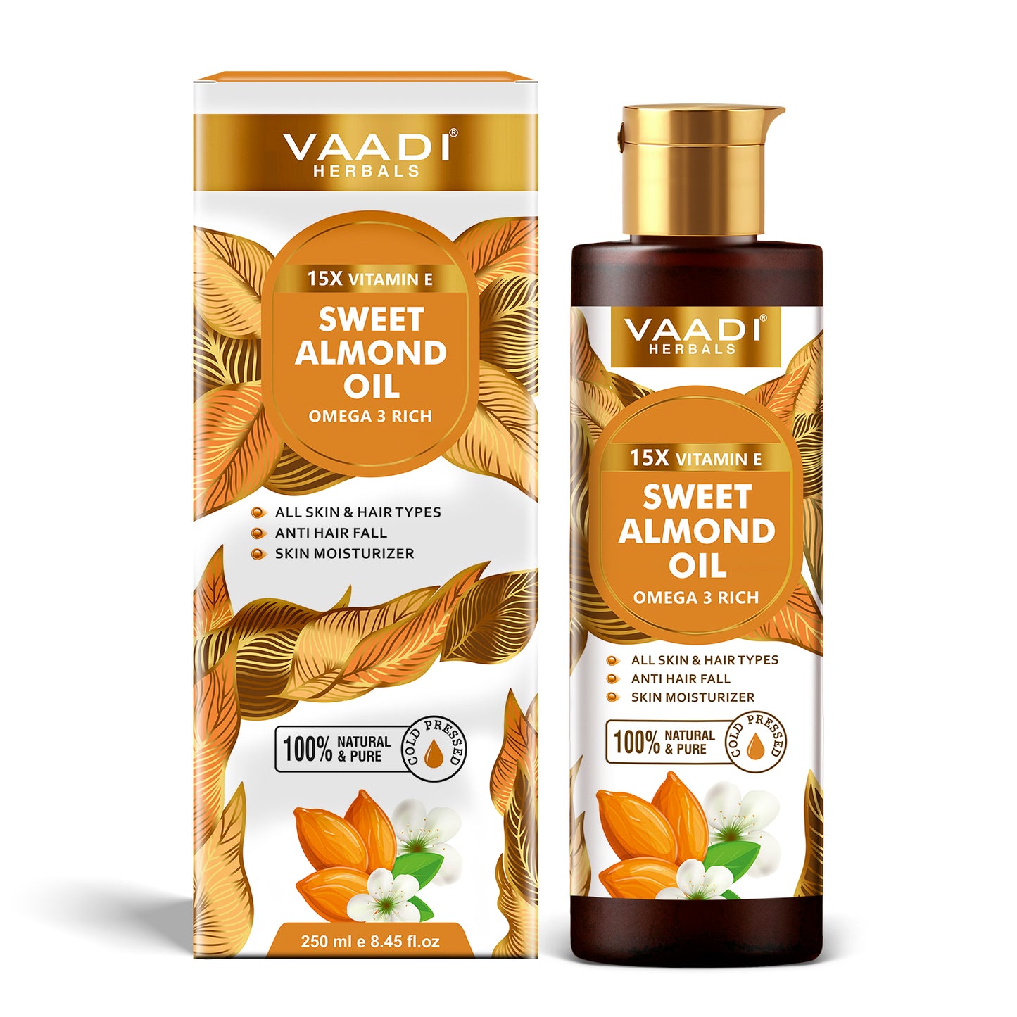 Cold-Pressed Sweet Almond Oil with Vitamin E - Anti Hair Fall - Removes Dark Circles- Skin Moisturizer-Promotes Hair Growth - 250ml