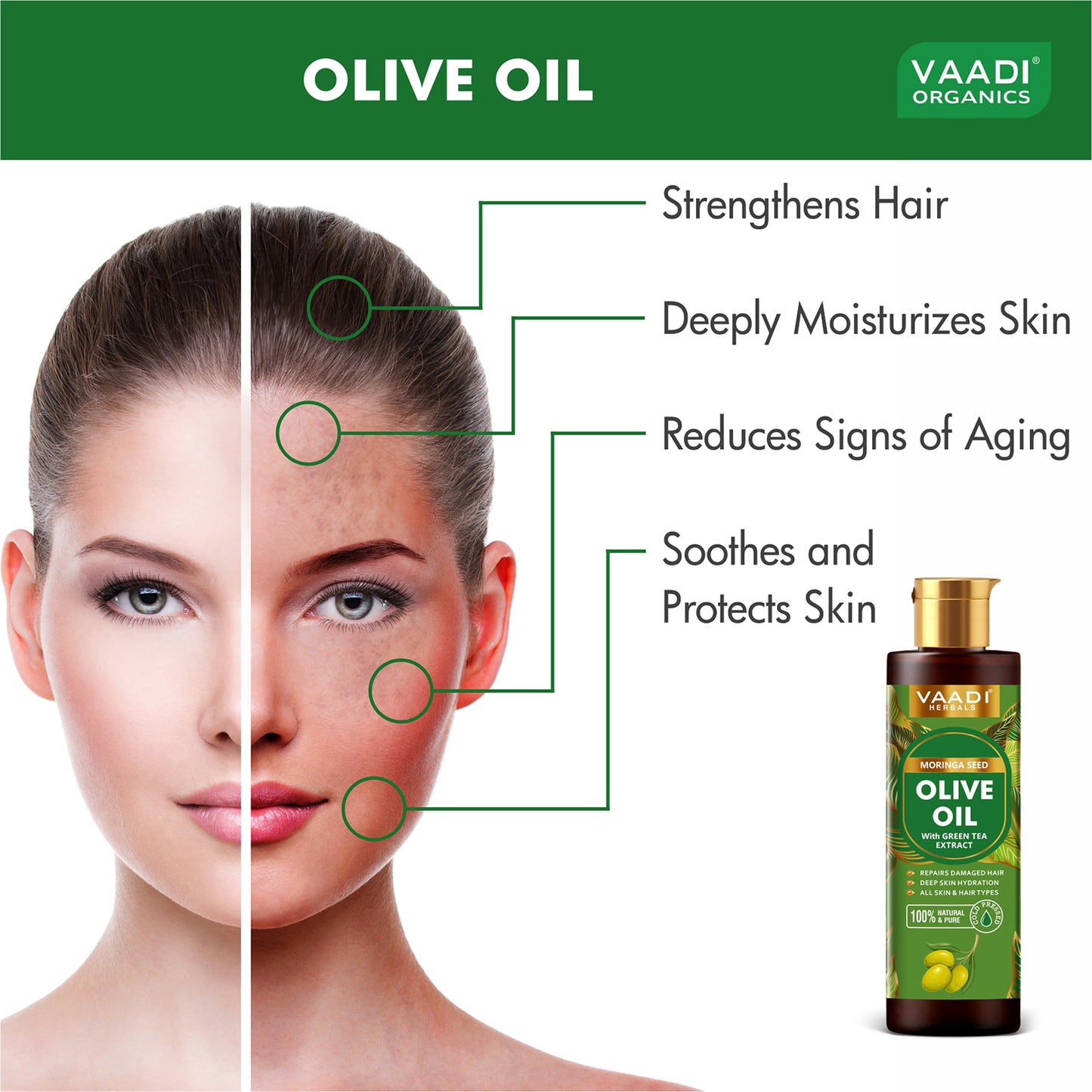 Cold Pressed Moringa Seed Olive Oil with Green Tea Extract- Repairs Damaged Hair-Deep Moisturisation -Skin Hydrating-Strengthens Hair -For All Types of Skin & Hair - 250ml