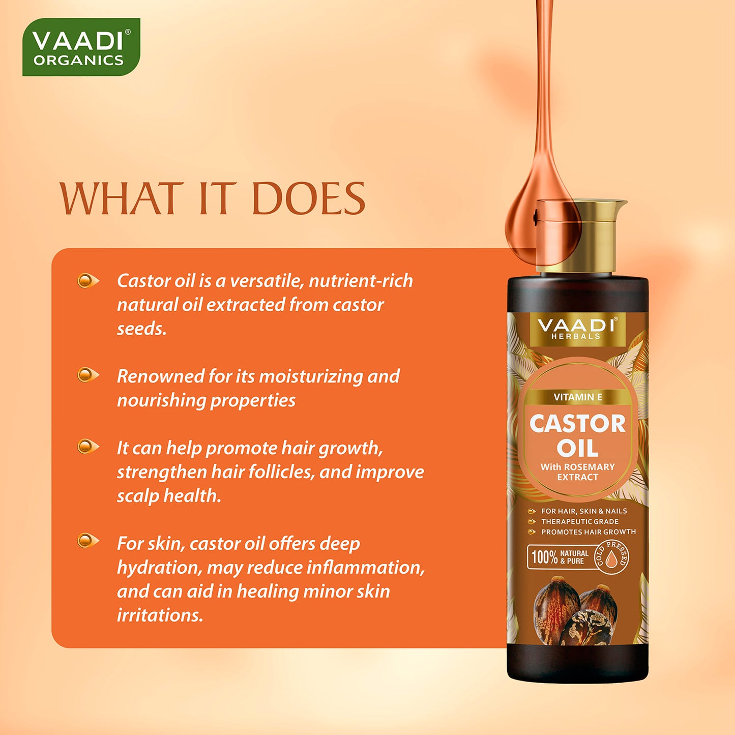 Cold Pressed Vitamin E Castor Oil with Rosemary Extract- For Hair, Skin & Nails- Promotes Hair Growth-Skin Hydrating-Strengthens Nails- Provides Shine-Reduces Hair Breakage-250ml