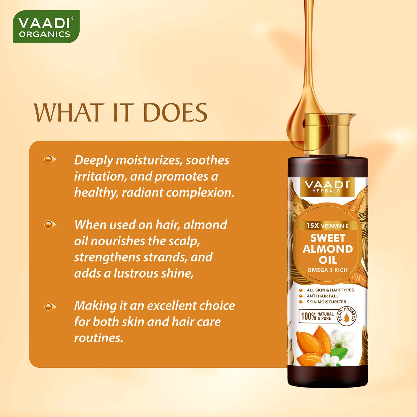 Cold-Pressed Sweet Almond Oil with Vitamin E - Anti Hair Fall - Removes Dark Circles- Skin Moisturizer-Promotes Hair Growth - 250ml