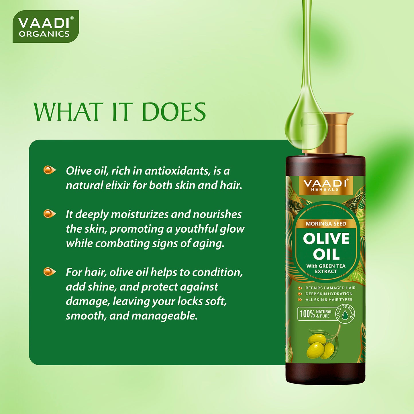 Cold Pressed Moringa Seed Olive Oil with Green Tea Extract- Repairs Damaged Hair-Deep Moisturisation -Skin Hydrating-Strengthens Hair -For All Types of Skin & Hair - 250ml