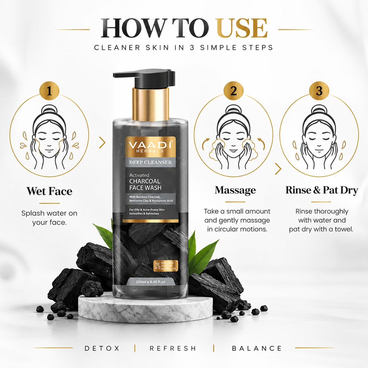 Activated Charcoal Face Wash with Tea Tree Oil, Bentonite Clay & Glycolic Acid| For Oily & Acne-Prone Skin| Detoxifies & Refreshes| Deep Purify| No Parabens , Mineral, Silicon| Face Wash for Women & Men ( 250 ml )