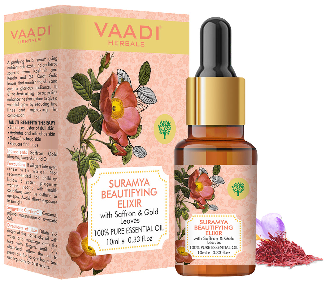 Suramya Beautifying Elixr (Pure Mix of Saffron, 24k Gold Leaves & Sweet Almond Oil) - Reduces Fine Lines, Improves Skin Complexion & Gives a Natural Glow (10 ml)