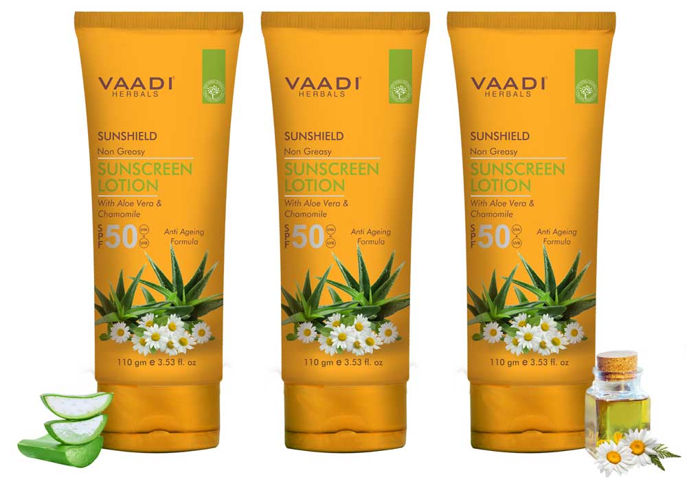 Pack of 3 Sunscreen Lotion SPF-50 with Aloe Vera & Chamomile (110 ml x 3)