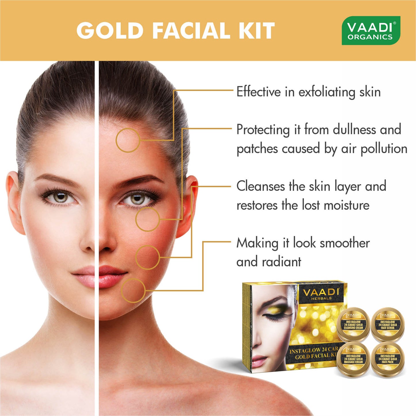 Gold Facial Kit - 24 Carat Gold Leaves, Marigold & Wheatgerm Oil, Lemon Peel Extract (110 gms)