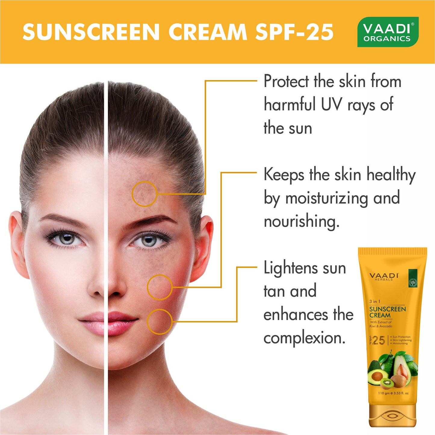 Pack of 3 Sunscreen Cream SPF-25 with Extracts of Kiwi & Avocado (110 gms x 3)