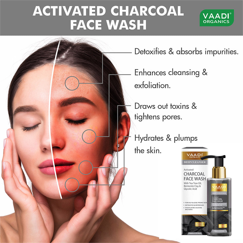 Activated Charcoal Face Wash with Tea Tree Oil, Bentonite Clay & Glycolic Acid| For Oily & Acne-Prone Skin| Detoxifies & Refreshes| Deep Purify| No Parabens , Mineral, Silicon| Face Wash for Women & Men ( 250 ml )