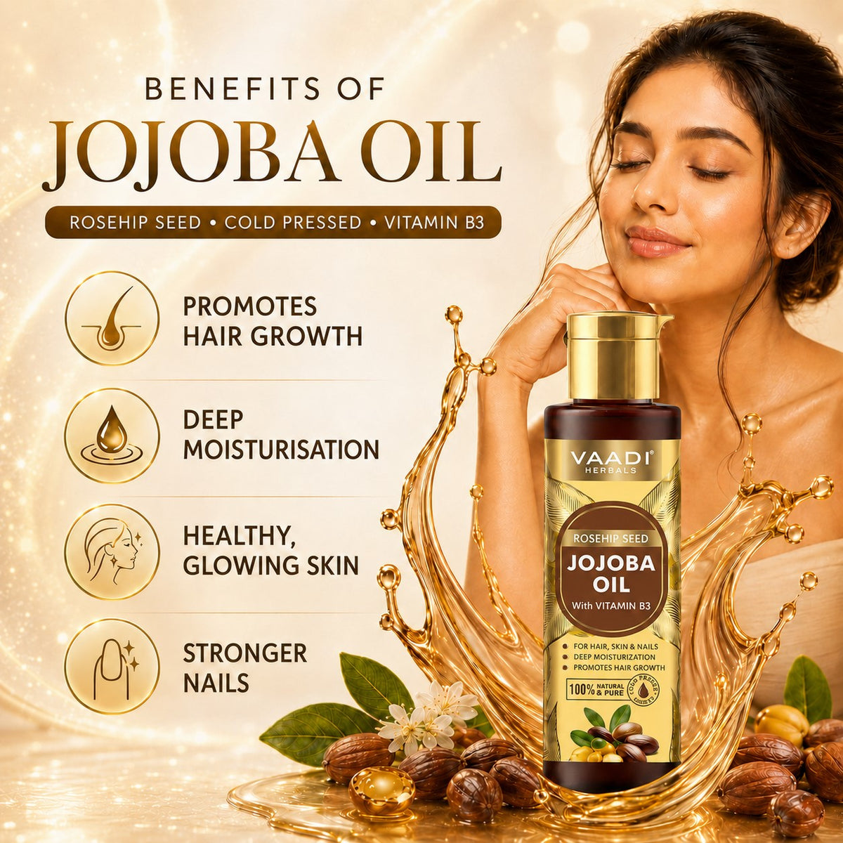 Cold Pressed Rosehip Seed Jojoba Oil with Vitamin B3-For Hair, Skin & Nails-Jojoba Oil Promotes Hair Growth-Skin Moisturisation-Anti Hair-Fall-For All Types of Skin & Hair-120ml