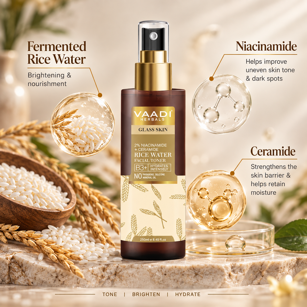 2% Niacinamide + Ceramide Rice Water Facial Toner - B3+ | Brightening| Pore-Tightening & Glass-Skin Hydration (250 ml)