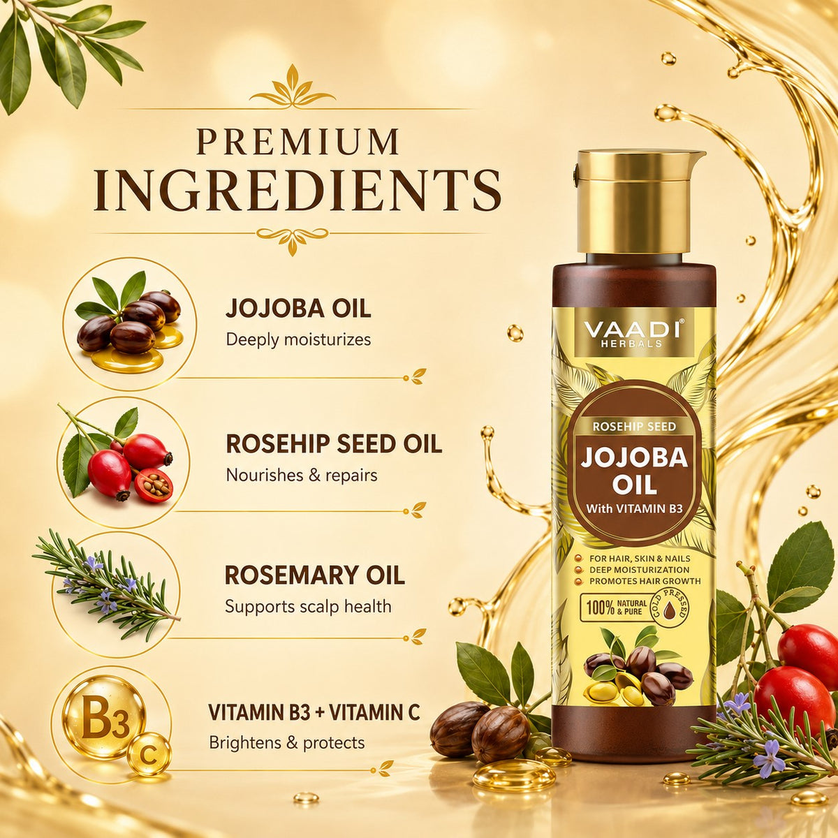 Cold Pressed Rosehip Seed Jojoba Oil with Vitamin B3-For Hair, Skin & Nails-Jojoba Oil Promotes Hair Growth-Skin Moisturisation-Anti Hair-Fall-For All Types of Skin & Hair-120ml