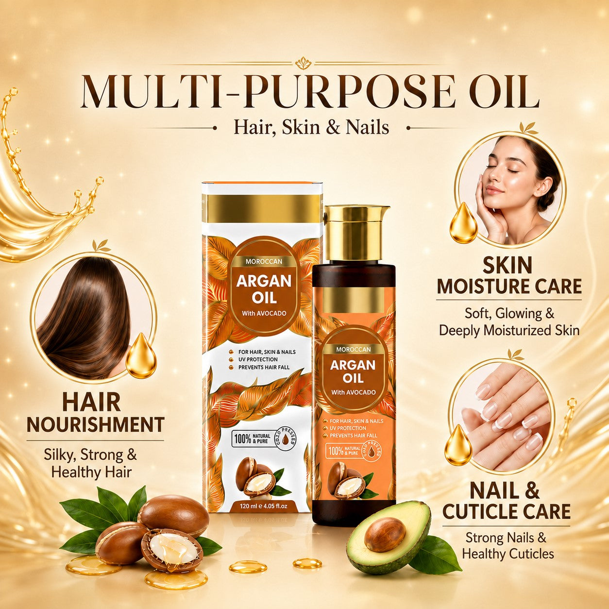Cold Pressed Morrocon Argan Oil with Avocado- For Hair, Skin & Nails- Promotes Hair Growth- Skin Moisturisation-Healthy Nail Growth - UV Protection- 120ml