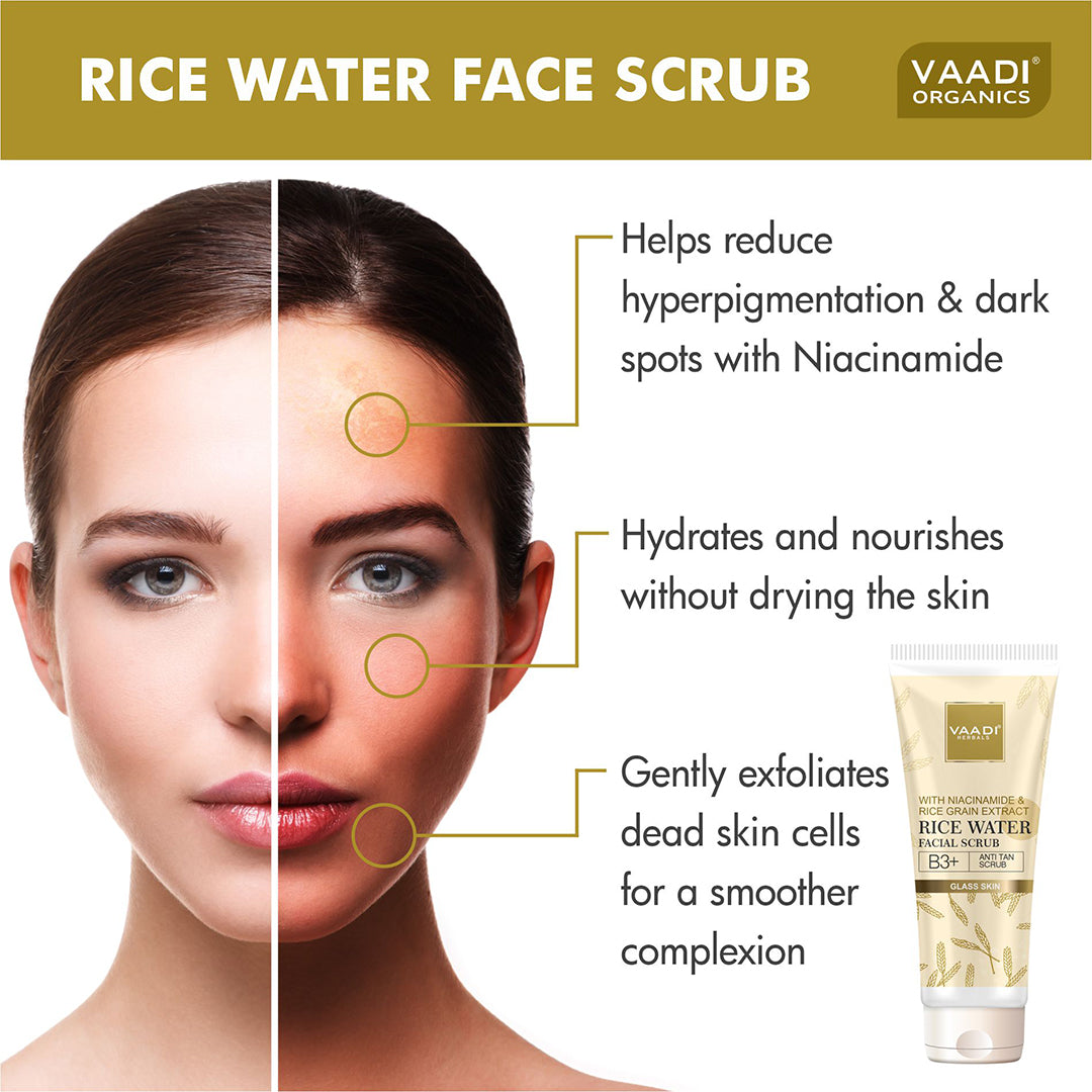 Rice Water Facial Scrub with Niacinamide & Rice Grain Extract - B3+ | Anti Tan | Brightening| Glass Skin Look (60 ml)
