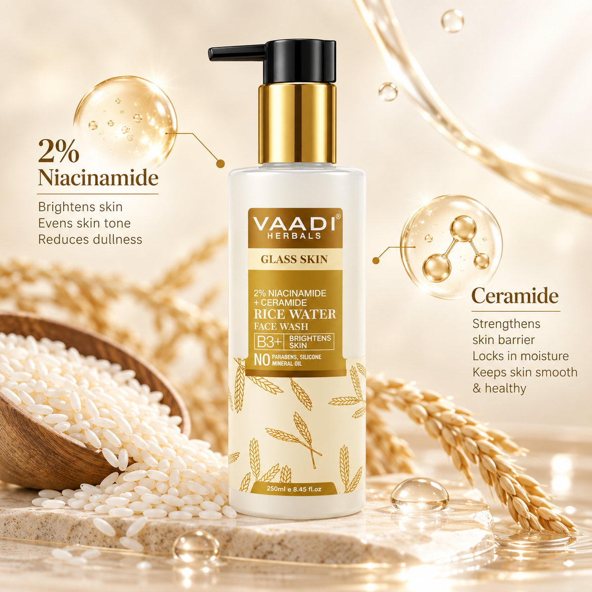 2% Niacinamide + Ceramide Rice Water Face Wash | B3+ | Brightens Skin|Glass Skin Look| Hydrating (250 ml)