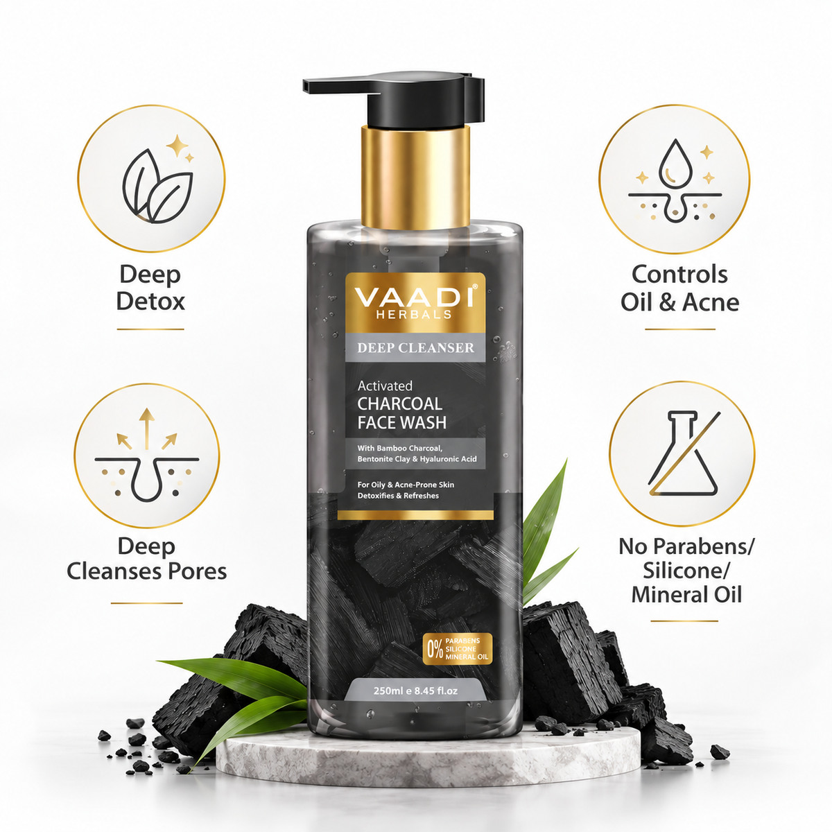 Activated Charcoal Face Wash with Tea Tree Oil, Bentonite Clay & Glycolic Acid| For Oily & Acne-Prone Skin| Detoxifies & Refreshes| Deep Purify| No Parabens , Mineral, Silicon| Face Wash for Women & Men ( 250 ml )