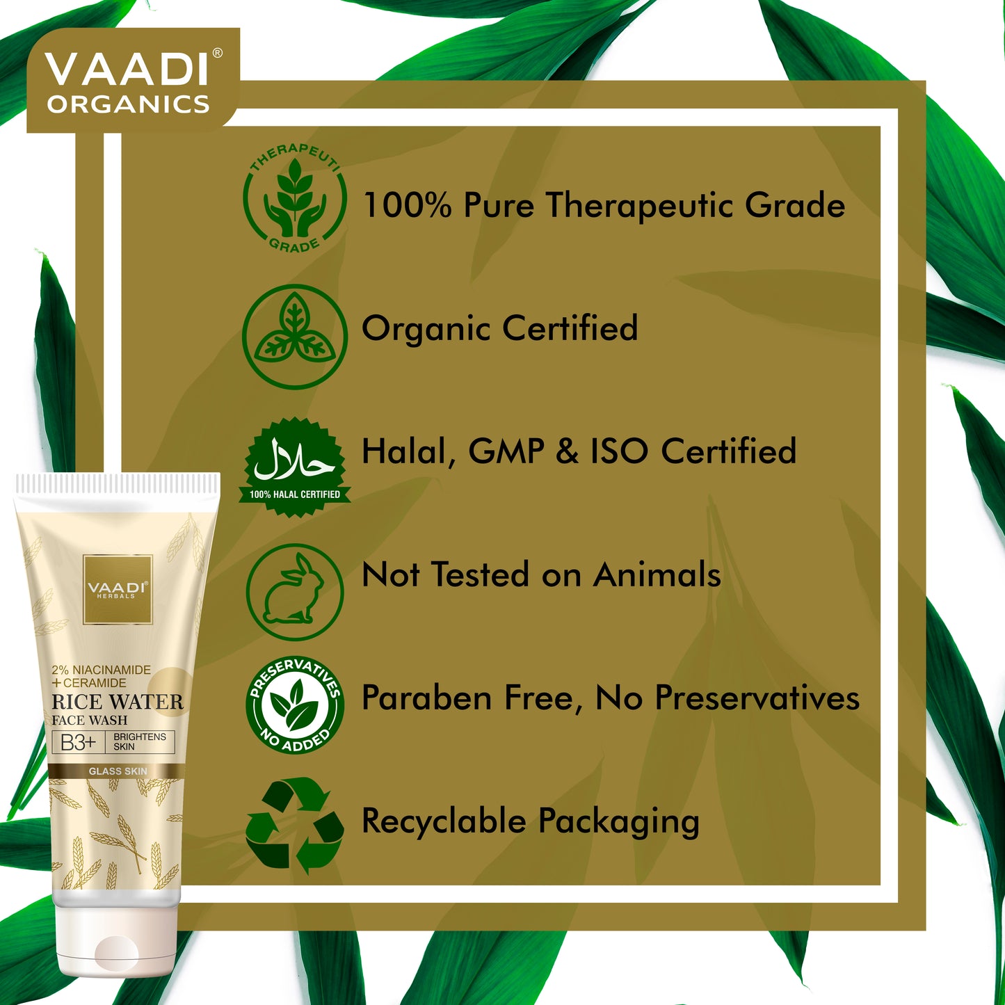 Vaadi Herbals 2% Niacinamide + Ceramide Rice Water Face Wash | B3+ | Brightens Skin|Glass Skin Look| Hydrating (60 ml)