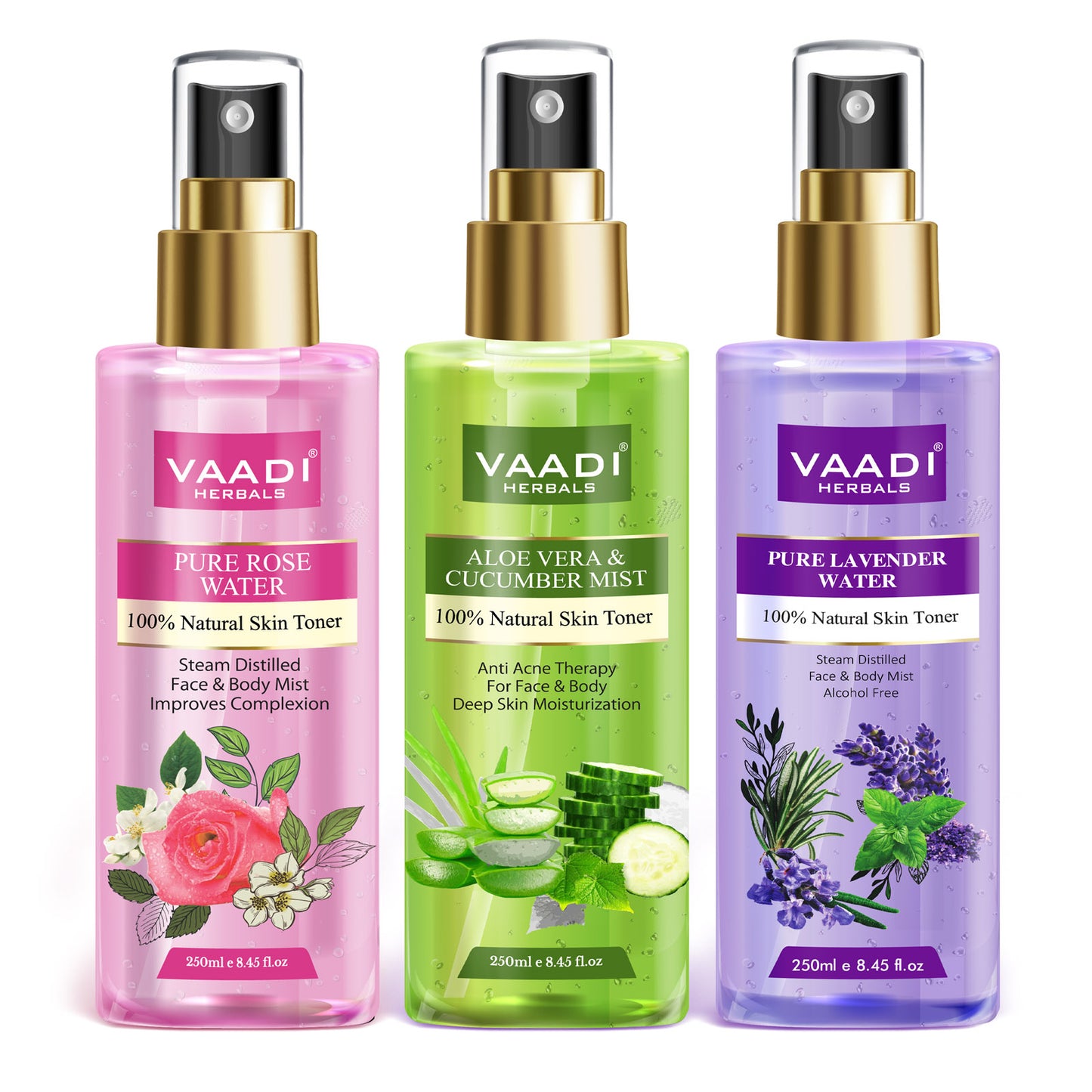 Pack of 3 Skin Toners - Rose Water, Lavender Water and Aloe Vera & Cucumber Mist - 100% Natural & Pure (250 ml x 3)