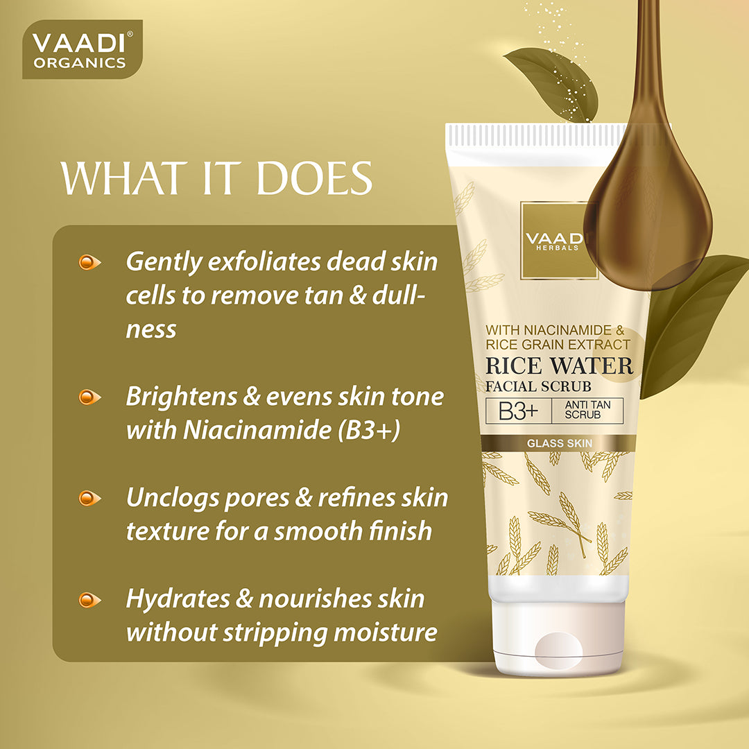 Rice Water Facial Scrub with Niacinamide & Rice Grain Extract - B3+ | Anti Tan | Brightening| Glass Skin Look (60 ml)