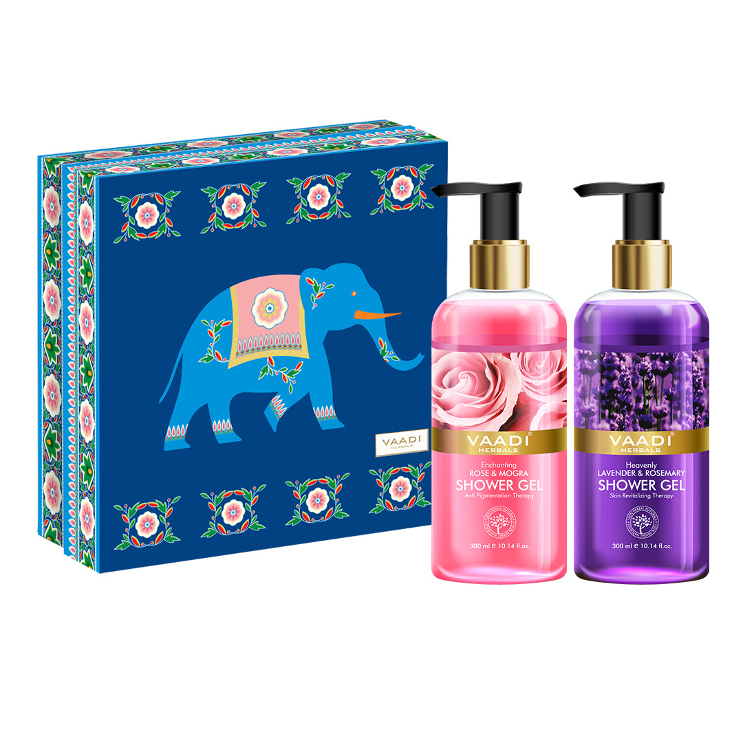 Exotic Floral Shower Gels Gift Box - Enachanting Rose & Mogra 300 ml & Heavenly Lavender & Rosemary 300 ml ( 300 ml x 2 )
