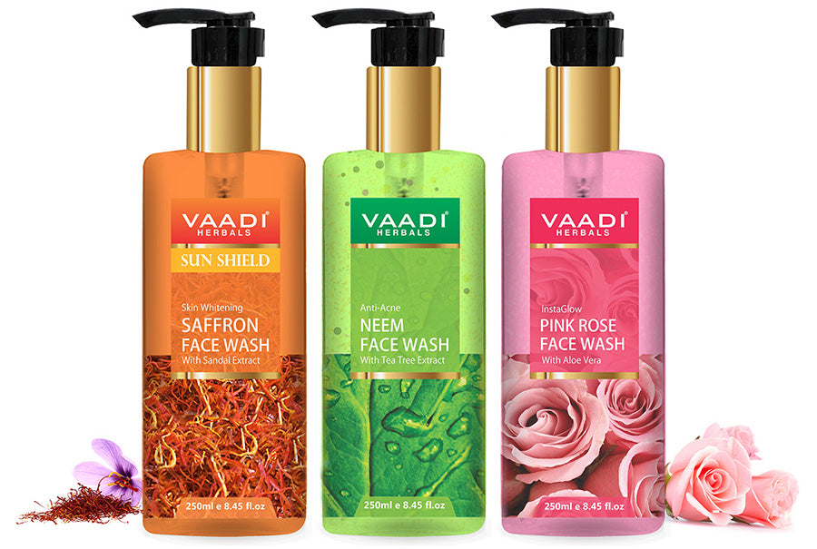 Pack of 3 Luxurious Face Wash - Skin Whitening Saffron, Anti-Acne Neem & Insta Glow Pink Rose Face Wash(3 x 250 ml)