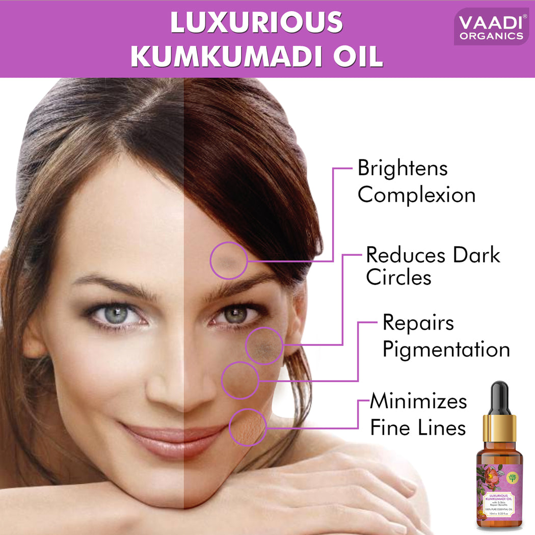 Luxurious Kumkumadi Oil (Pure Mix of Saffron, Sandalwood, Manjistha & Almond Oil) - Reduces Dark Circles, Pigmentation & Brightens Complexion (10 ml)