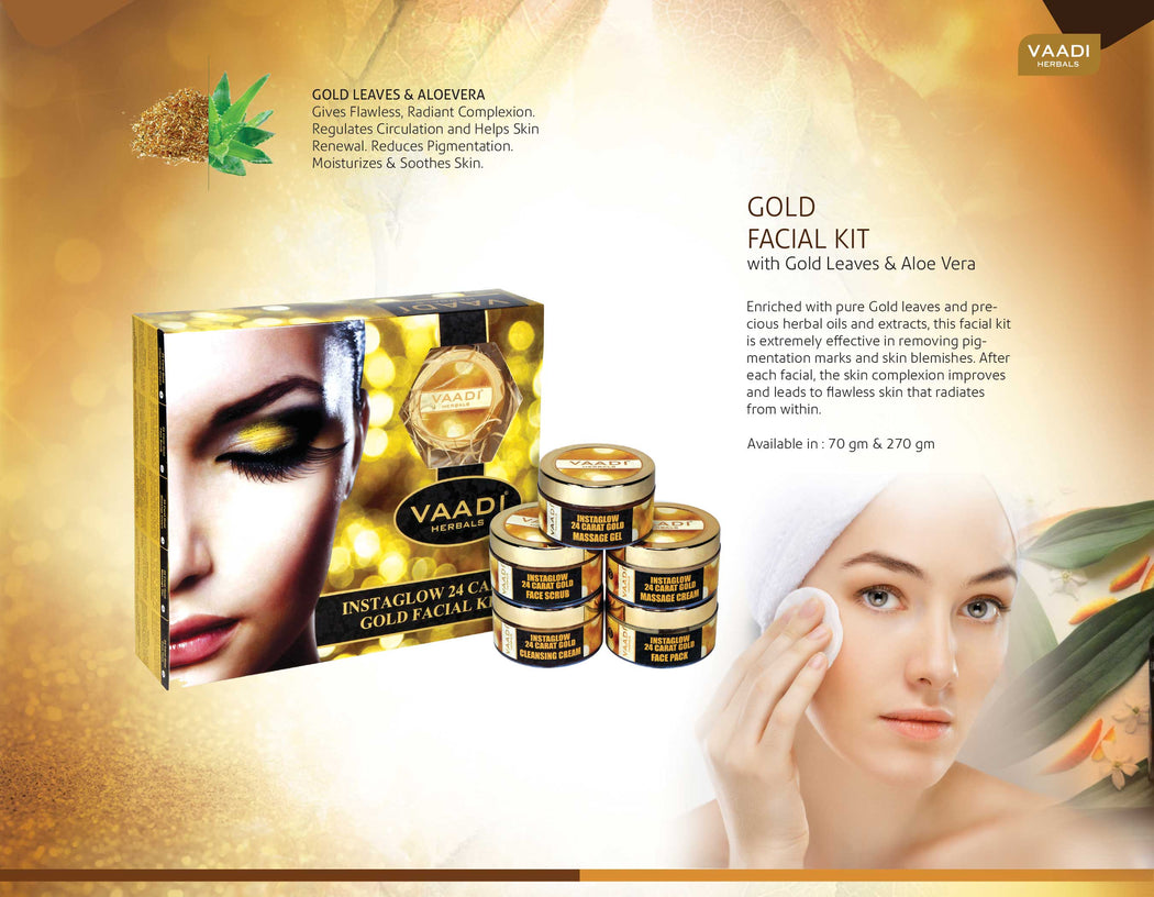 Gold Facial Kit - 24 Carat Gold Leaves, Marigold & Wheatgerm Oil, Lemon Peel Extract (270 gms)